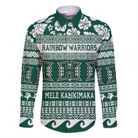 Hawaii Rainbow Warriors Christmas Family Matching Off Shoulder Maxi Dress and Hawaiian Shirt Kakau Motifs LT7 Dad's Shirt - Long Sleeve Green - Polynesian Pride