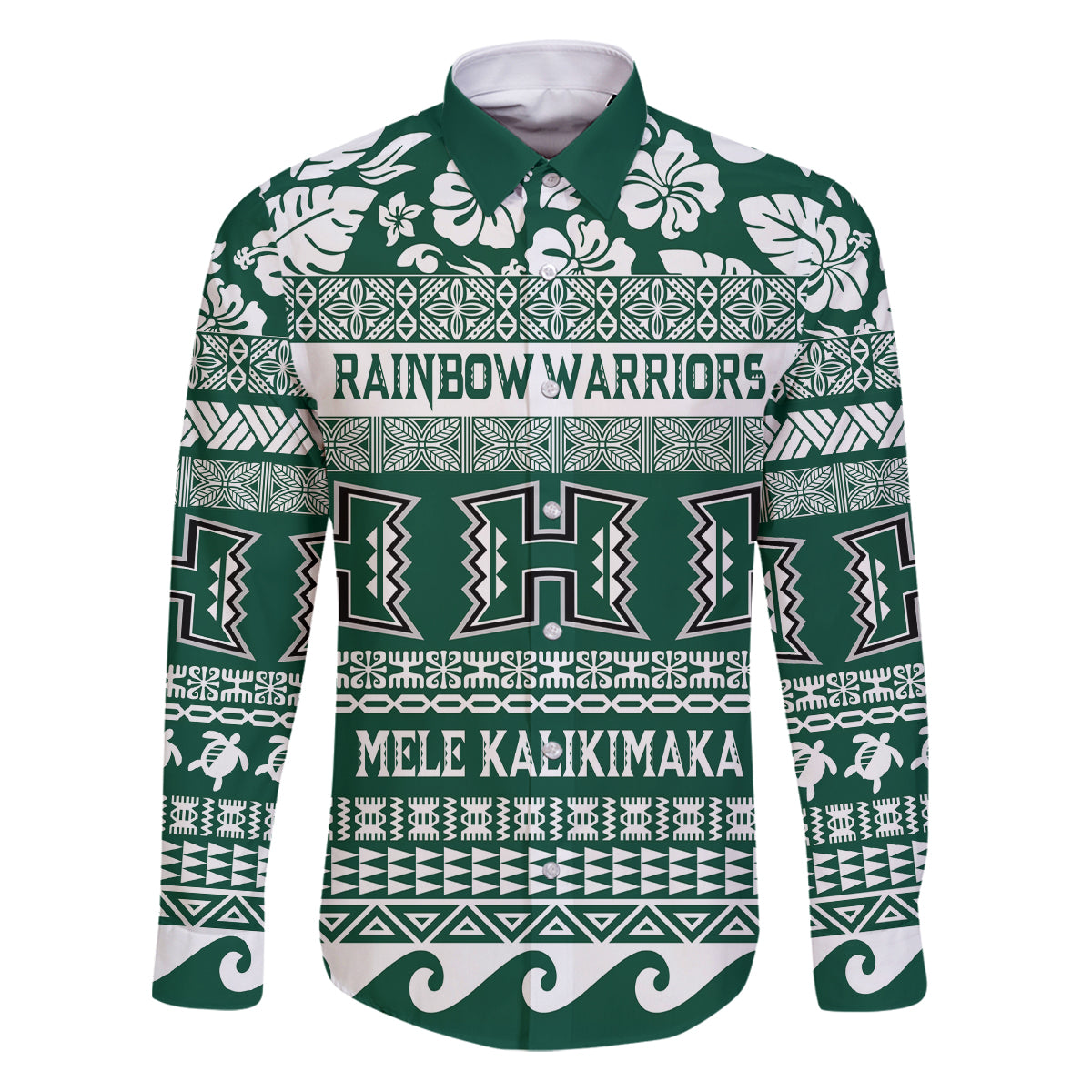 Hawaii Rainbow Warriors Christmas Family Matching Puletasi Dress and Hawaiian Shirt Kakau Motifs LT7 Dad's Shirt - Long Sleeve Green - Polynesian Pride