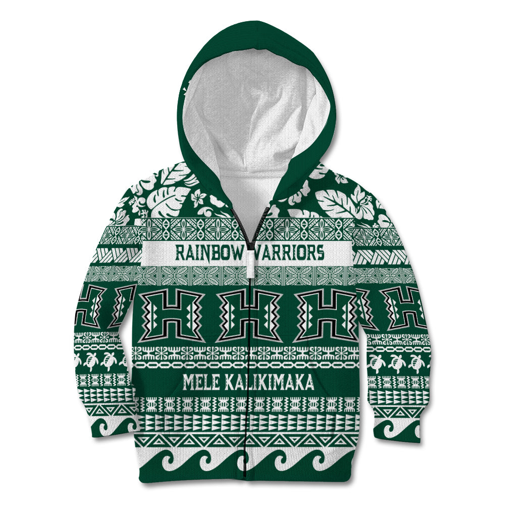Hawaii Rainbow Warriors Christmas Kid Hoodie Kakau Motifs LT7 Zip Hoodie Green - Polynesian Pride