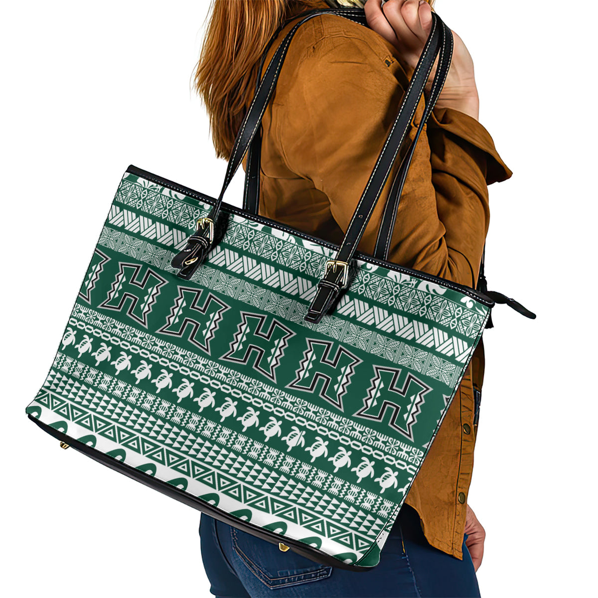 Hawaii Rainbow Warriors Christmas Leather Tote Bag Kakau Motifs LT7 - Polynesian Pride