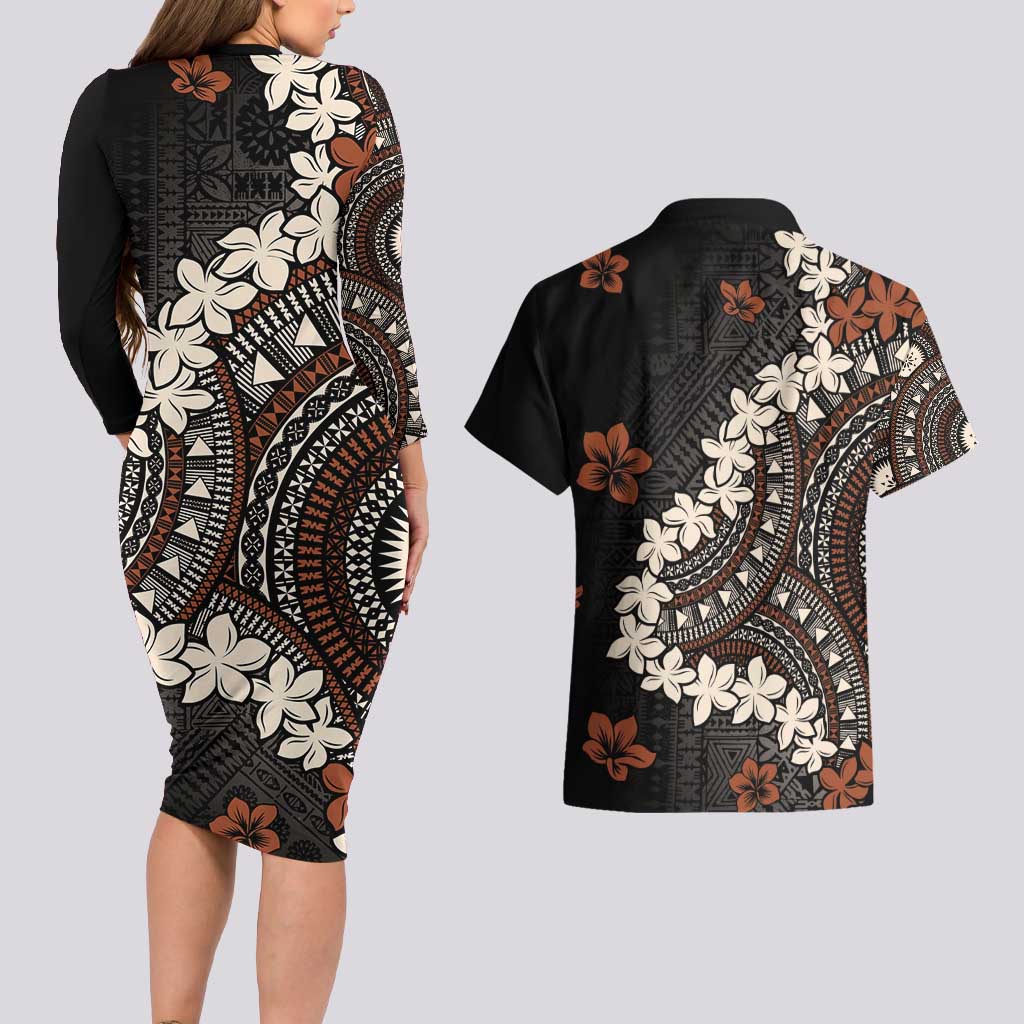 Bula Fiji Women's Day Couples Matching Long Sleeve Bodycon Dress and Hawaiian Shirt Classic Masi Tapa