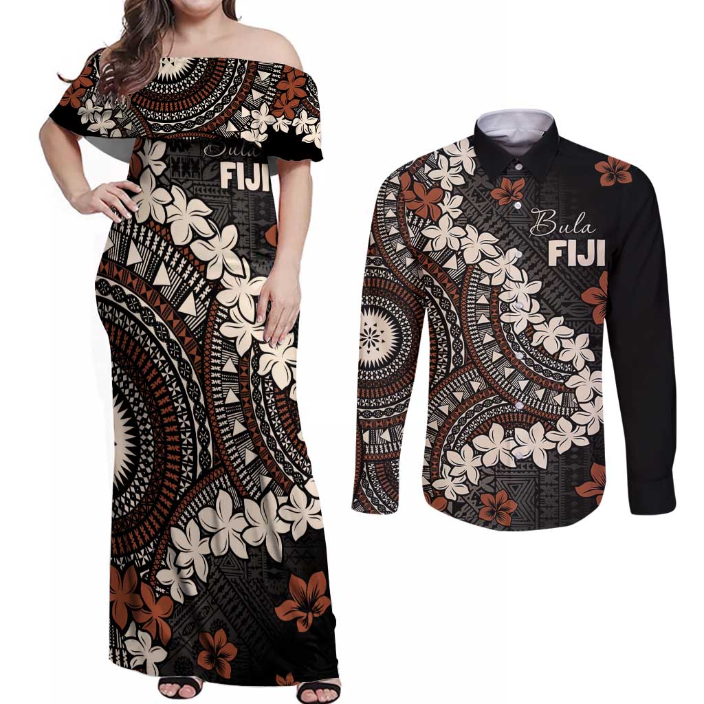 Bula Fiji Women's Day Couples Matching Off Shoulder Maxi Dress and Long Sleeve Button Shirt Classic Masi Tapa