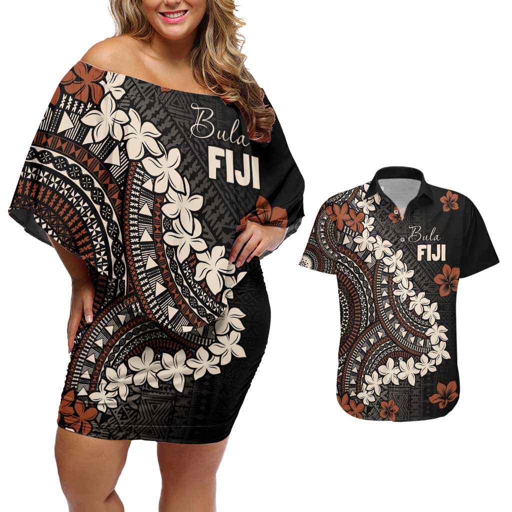 Bula Fiji Women's Day Couples Matching Off Shoulder Short Dress and Hawaiian Shirt Classic Masi Tapa