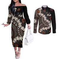 Bula Fiji Women's Day Couples Matching Off The Shoulder Long Sleeve Dress and Long Sleeve Button Shirt Classic Masi Tapa