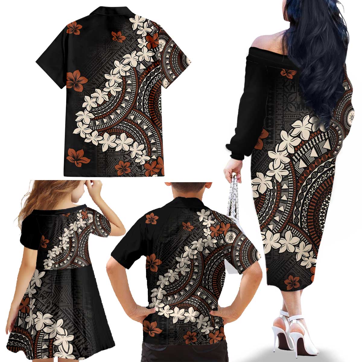 Bula Fiji Women's Day Family Matching Off The Shoulder Long Sleeve Dress and Hawaiian Shirt Classic Masi Tapa