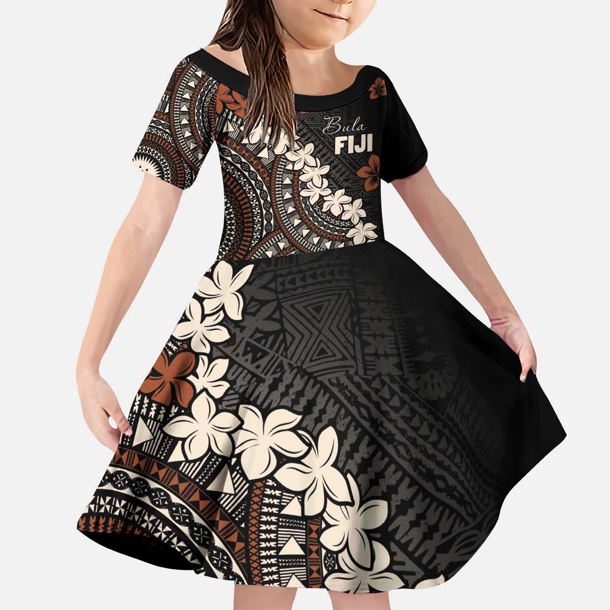 Bula Fiji Women's Day Kid Short Sleeve Dress Classic Masi Tapa