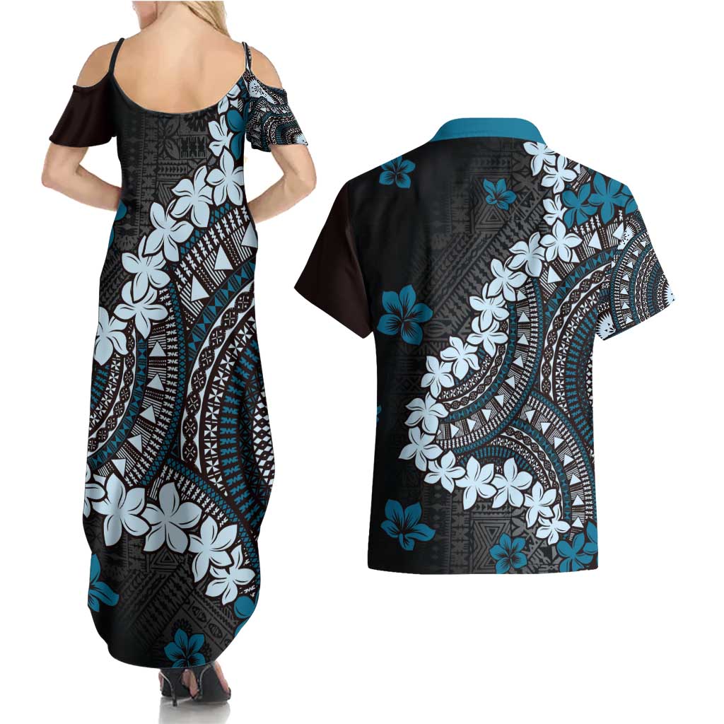 Bula Fiji Women's Day Couples Matching Summer Maxi Dress and Hawaiian Shirt Indigo Masi Tapa
