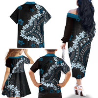 Bula Fiji Women's Day Family Matching Off The Shoulder Long Sleeve Dress and Hawaiian Shirt Indigo Masi Tapa