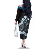 Bula Fiji Women's Day Family Matching Off The Shoulder Long Sleeve Dress and Hawaiian Shirt Indigo Masi Tapa