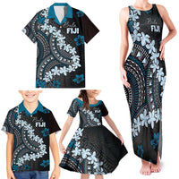 Bula Fiji Women's Day Family Matching Tank Maxi Dress and Hawaiian Shirt Indigo Masi Tapa