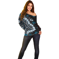 Bula Fiji Women's Day Off Shoulder Sweater Indigo Masi Tapa
