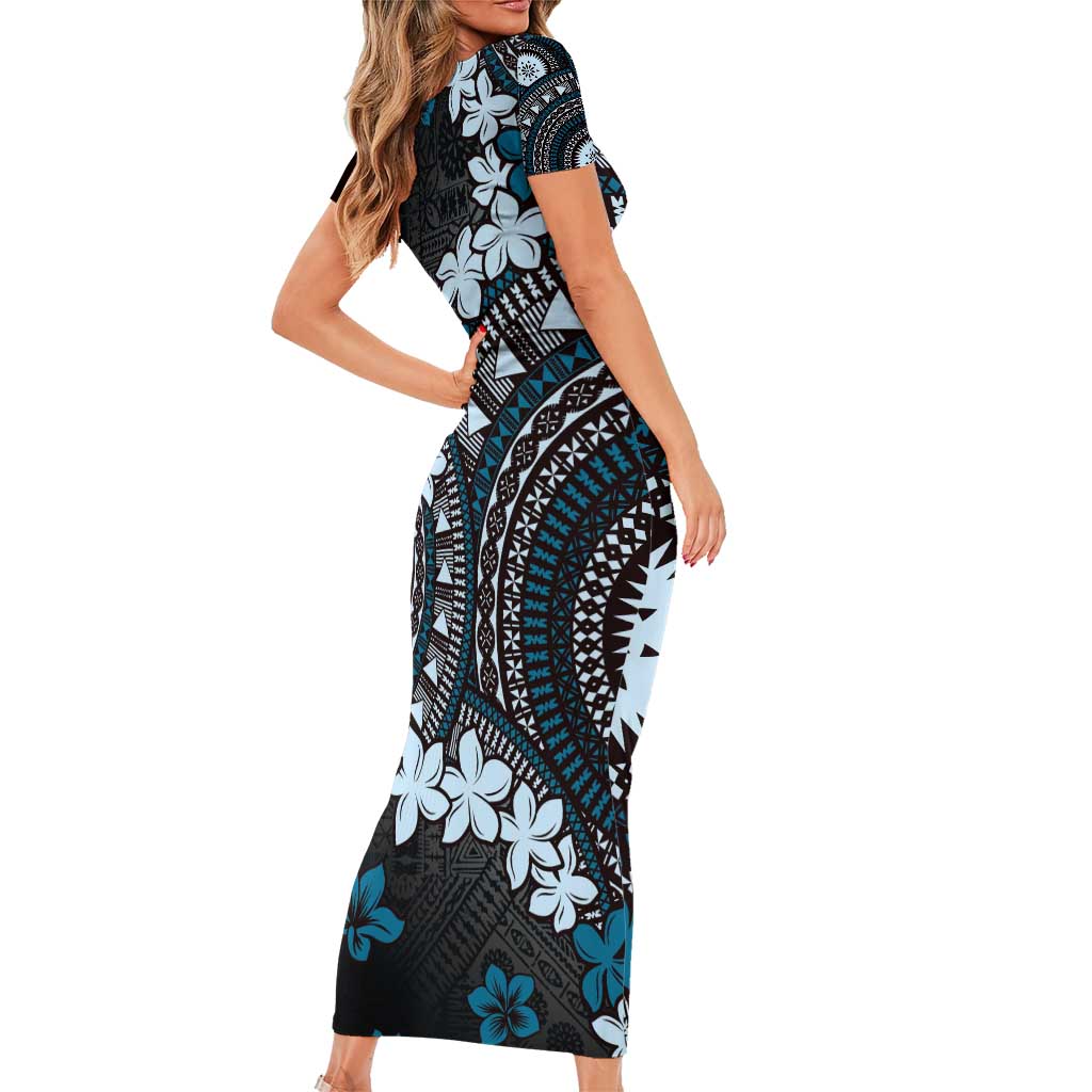 Bula Fiji Women's Day Short Sleeve Bodycon Dress Indigo Masi Tapa