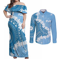 Bula Fiji Women's Day Couples Matching Off Shoulder Maxi Dress and Long Sleeve Button Shirt Turquoise Masi Tapa