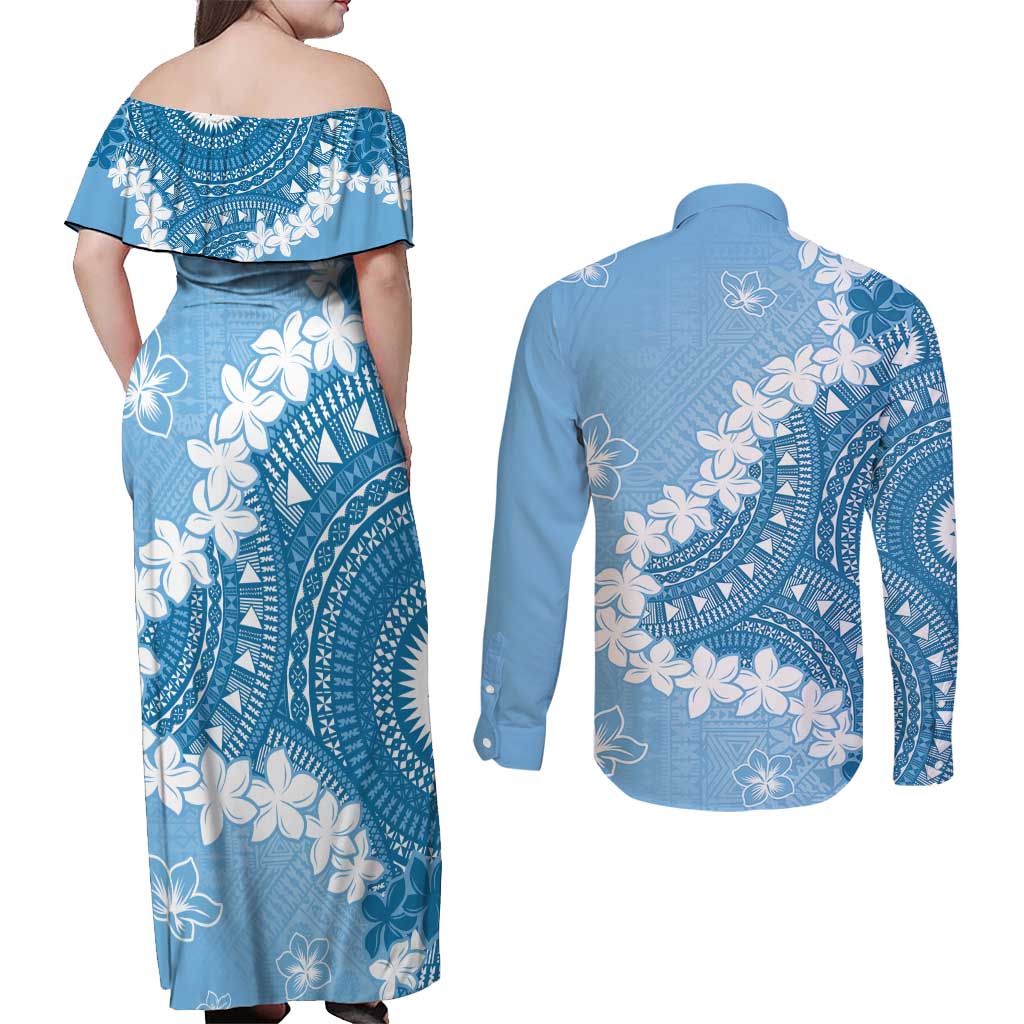 Bula Fiji Women's Day Couples Matching Off Shoulder Maxi Dress and Long Sleeve Button Shirt Turquoise Masi Tapa