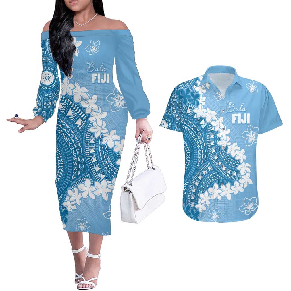 Bula Fiji Women's Day Couples Matching Off The Shoulder Long Sleeve Dress and Hawaiian Shirt Turquoise Masi Tapa