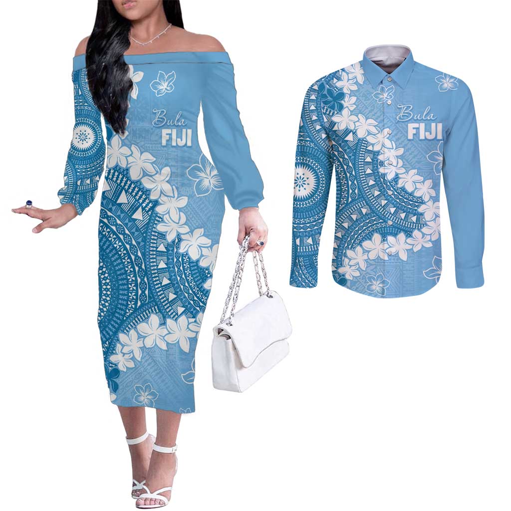 Bula Fiji Women's Day Couples Matching Off The Shoulder Long Sleeve Dress and Long Sleeve Button Shirt Turquoise Masi Tapa