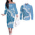 Bula Fiji Women's Day Couples Matching Off The Shoulder Long Sleeve Dress and Long Sleeve Button Shirt Turquoise Masi Tapa