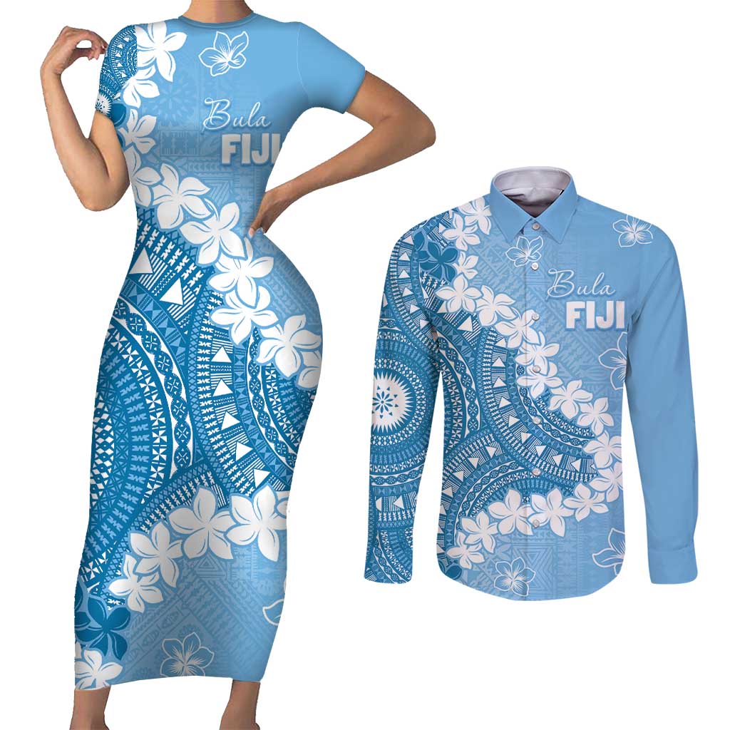 Bula Fiji Women's Day Couples Matching Short Sleeve Bodycon Dress and Long Sleeve Button Shirt Turquoise Masi Tapa