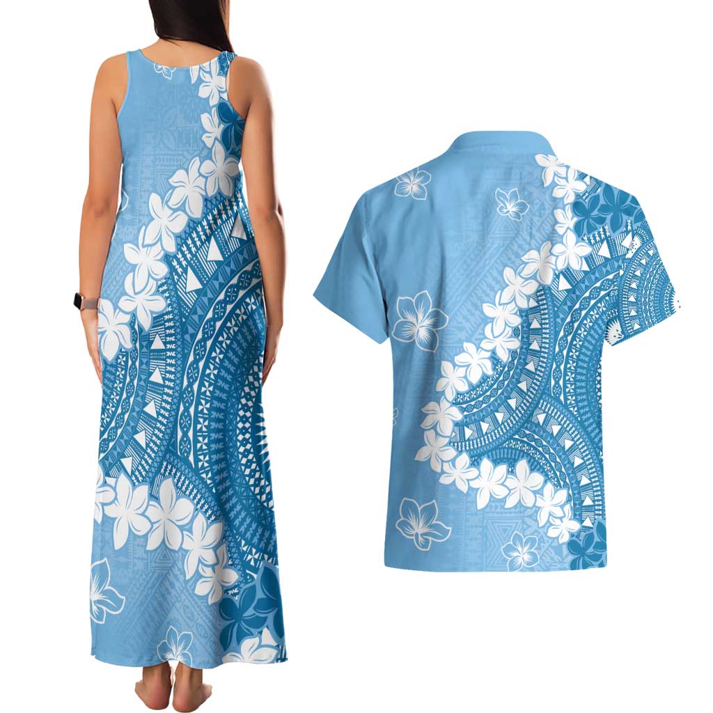 Bula Fiji Women's Day Couples Matching Tank Maxi Dress and Hawaiian Shirt Turquoise Masi Tapa