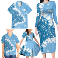 Bula Fiji Women's Day Family Matching Long Sleeve Bodycon Dress and Hawaiian Shirt Turquoise Masi Tapa