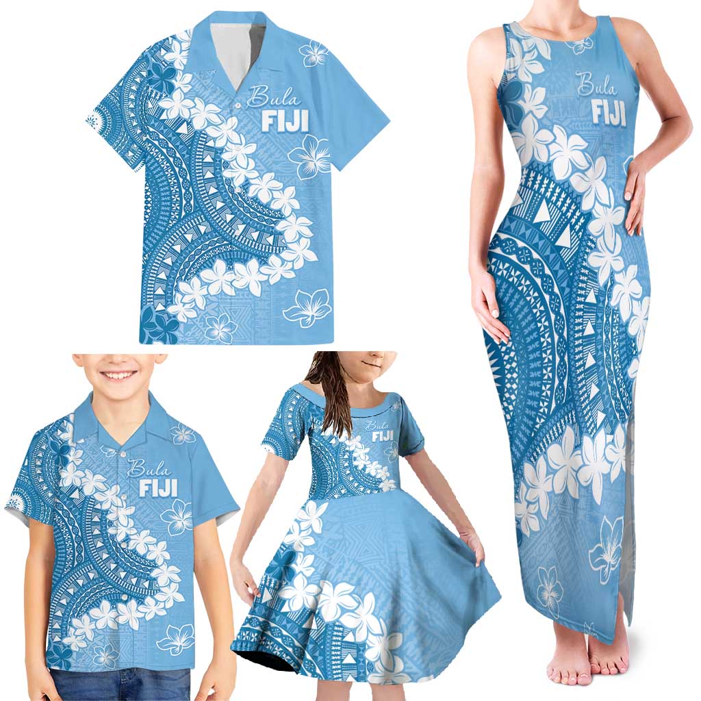 Bula Fiji Women's Day Family Matching Tank Maxi Dress and Hawaiian Shirt Turquoise Masi Tapa