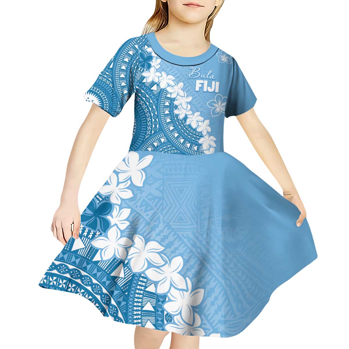 Bula Fiji Women's Day Kid Short Sleeve Dress Turquoise Masi Tapa