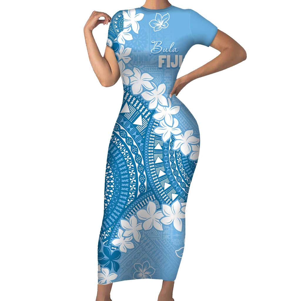 Bula Fiji Women's Day Short Sleeve Bodycon Dress Turquoise Masi Tapa