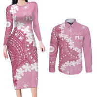 Bula Fiji Women's Day Couples Matching Long Sleeve Bodycon Dress and Long Sleeve Button Shirt Pink Masi Tapa