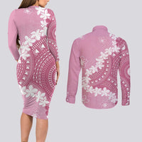 Bula Fiji Women's Day Couples Matching Long Sleeve Bodycon Dress and Long Sleeve Button Shirt Pink Masi Tapa
