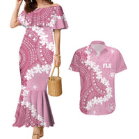 Bula Fiji Women's Day Couples Matching Mermaid Dress and Hawaiian Shirt Pink Masi Tapa
