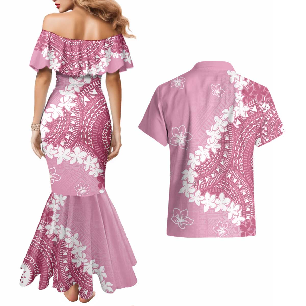 Bula Fiji Women's Day Couples Matching Mermaid Dress and Hawaiian Shirt Pink Masi Tapa