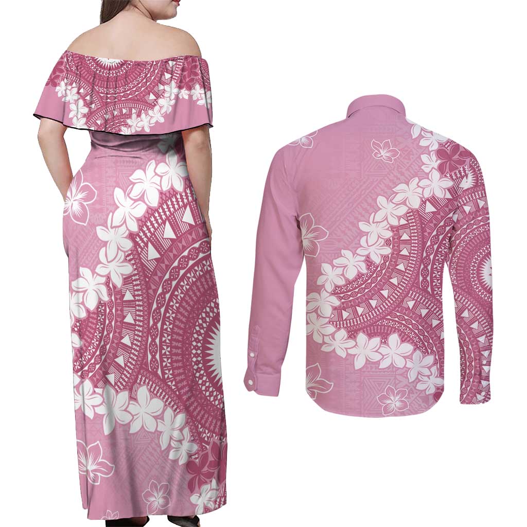 Bula Fiji Women's Day Couples Matching Off Shoulder Maxi Dress and Long Sleeve Button Shirt Pink Masi Tapa