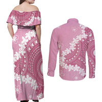 Bula Fiji Women's Day Couples Matching Off Shoulder Maxi Dress and Long Sleeve Button Shirt Pink Masi Tapa