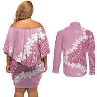 Bula Fiji Women's Day Couples Matching Off Shoulder Short Dress and Long Sleeve Button Shirt Pink Masi Tapa