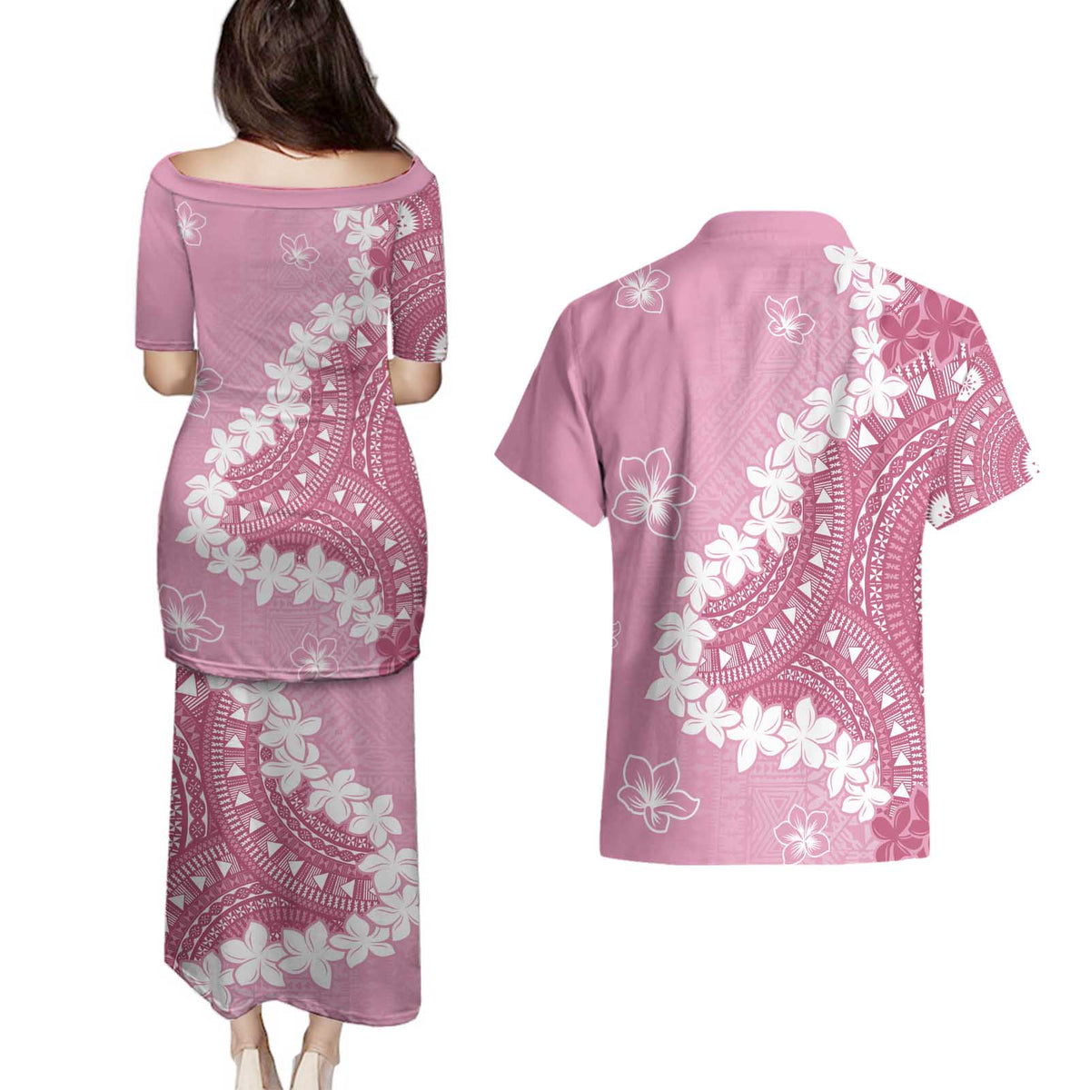 Bula Fiji Women's Day Couples Matching Puletasi and Hawaiian Shirt Pink Masi Tapa