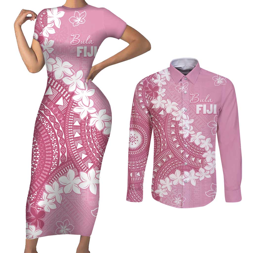 Bula Fiji Women's Day Couples Matching Short Sleeve Bodycon Dress and Long Sleeve Button Shirt Pink Masi Tapa