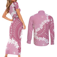 Bula Fiji Women's Day Couples Matching Short Sleeve Bodycon Dress and Long Sleeve Button Shirt Pink Masi Tapa