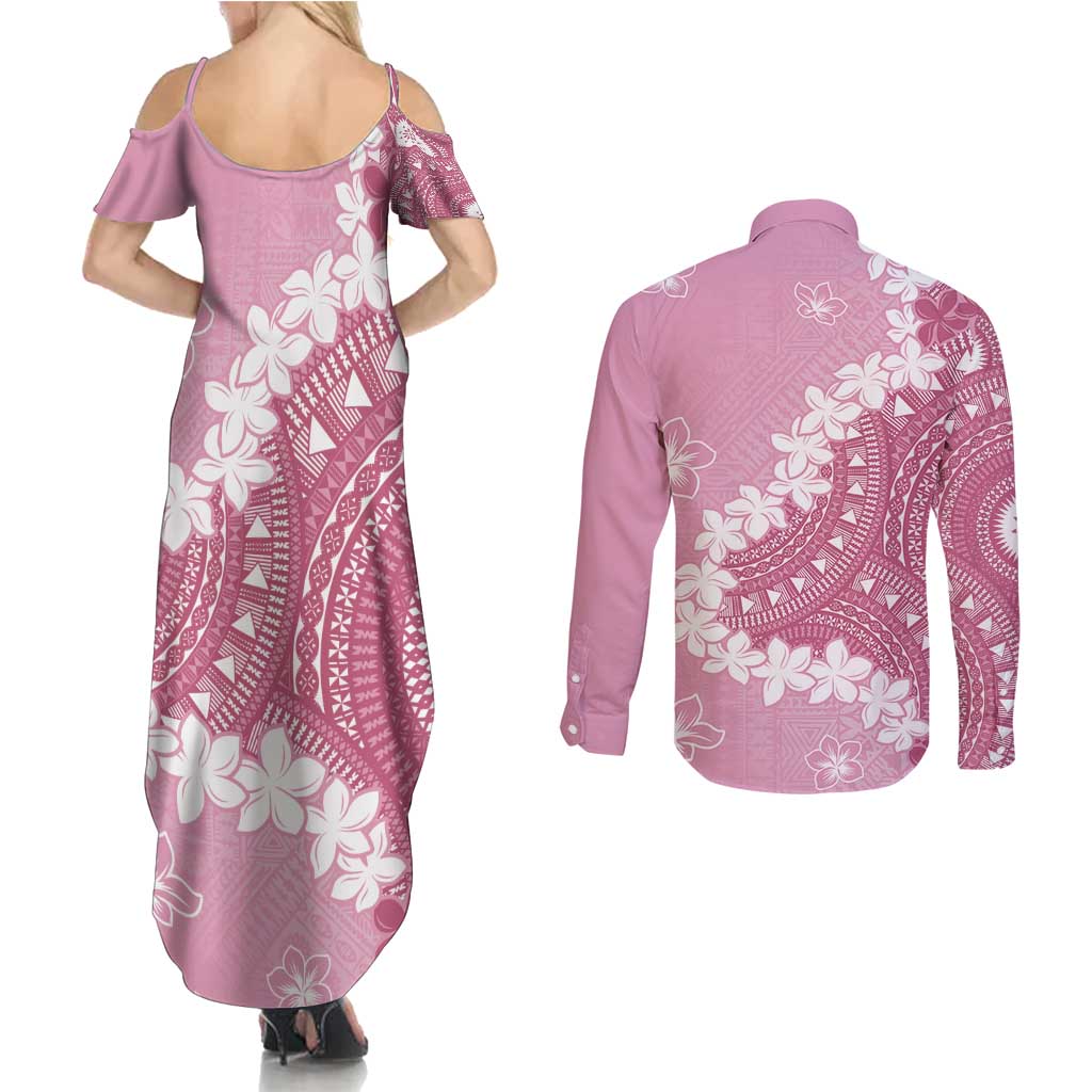 Bula Fiji Women's Day Couples Matching Summer Maxi Dress and Long Sleeve Button Shirt Pink Masi Tapa
