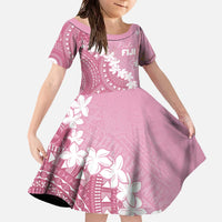 Bula Fiji Women's Day Family Matching Off The Shoulder Long Sleeve Dress and Hawaiian Shirt Pink Masi Tapa