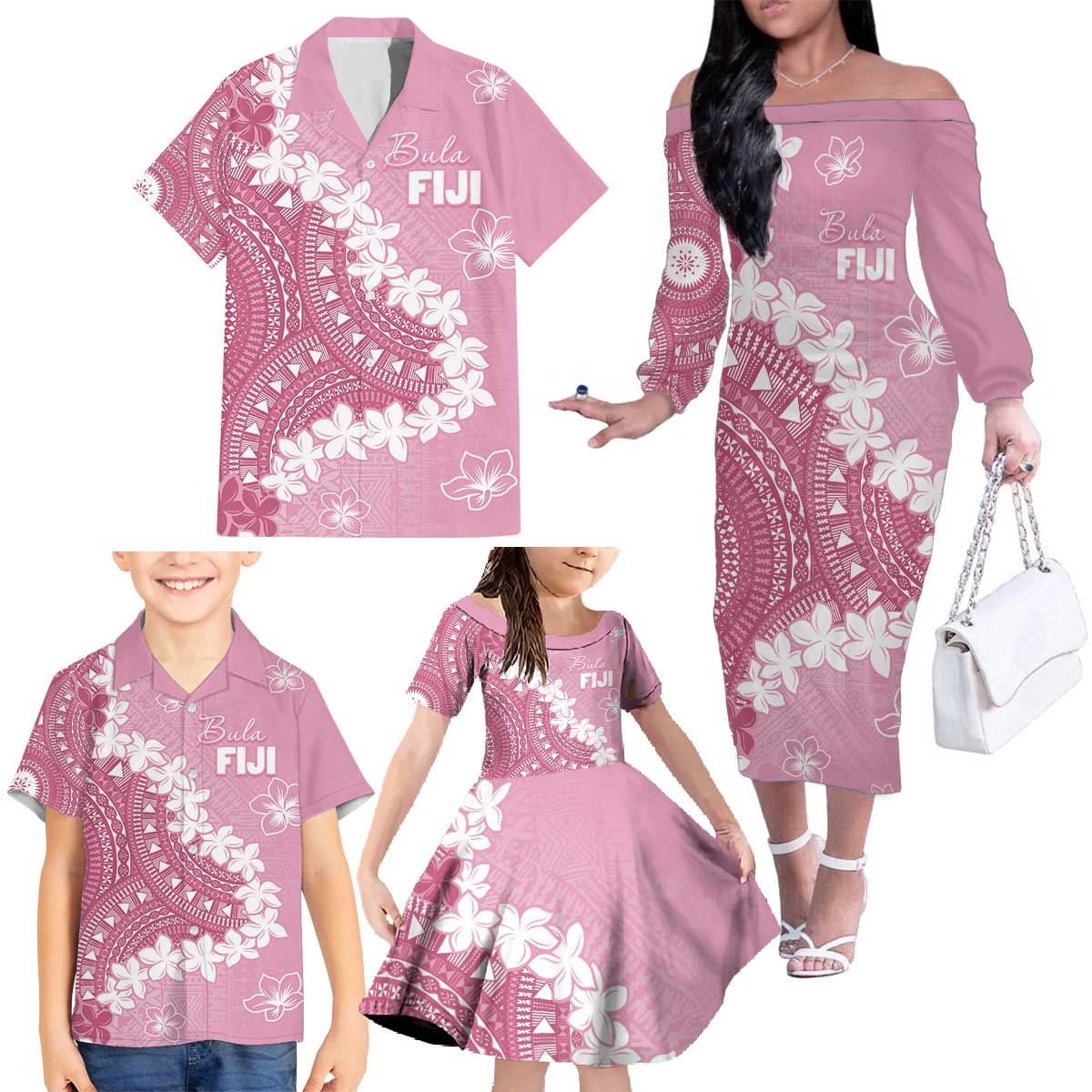 Bula Fiji Women's Day Family Matching Off The Shoulder Long Sleeve Dress and Hawaiian Shirt Pink Masi Tapa