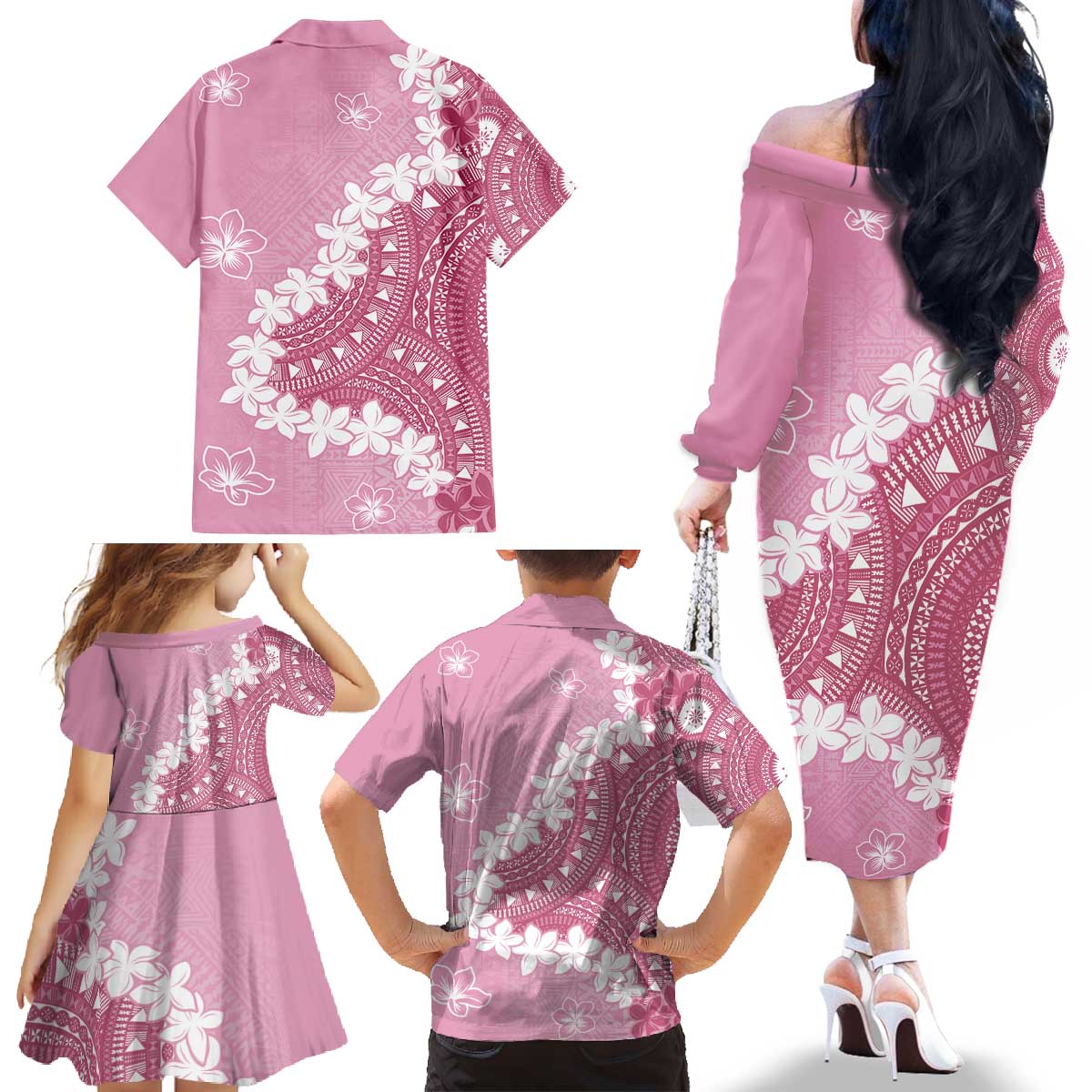 Bula Fiji Women's Day Family Matching Off The Shoulder Long Sleeve Dress and Hawaiian Shirt Pink Masi Tapa