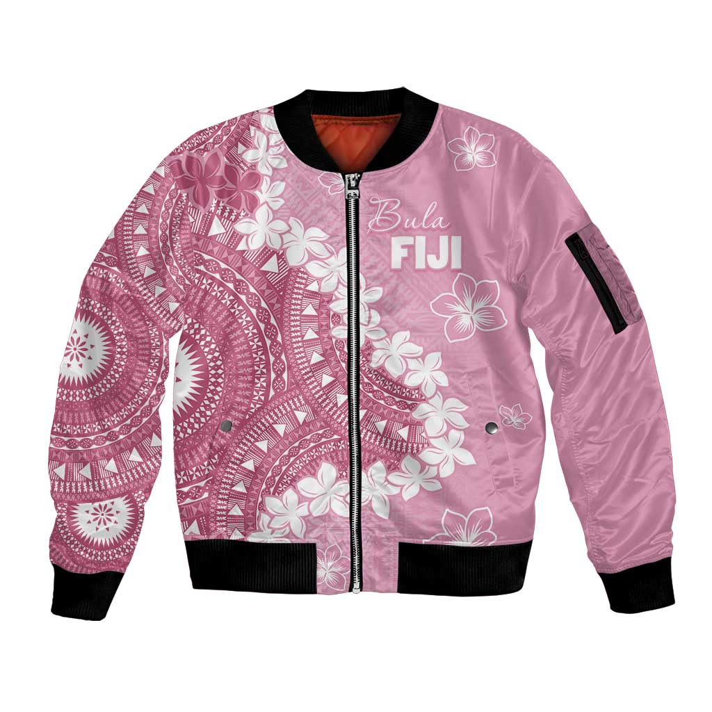 Bula Fiji Women's Day Sleeve Zip Bomber Jacket Pink Masi Tapa