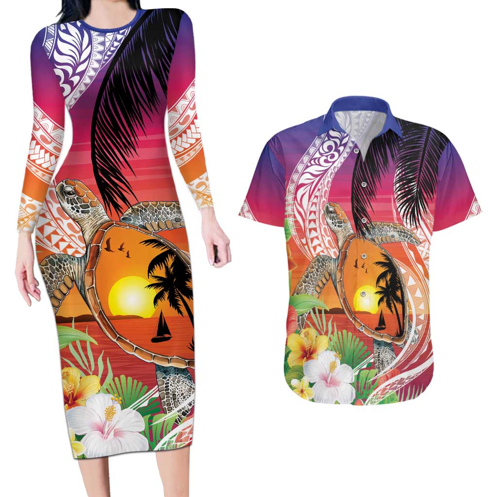 Polynesian Dreamy Turtle Couples Matching Long Sleeve Bodycon Dress and Hawaiian Shirt Sunset Scenery