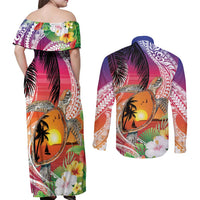 Polynesian Dreamy Turtle Couples Matching Off Shoulder Maxi Dress and Long Sleeve Button Shirt Sunset Scenery