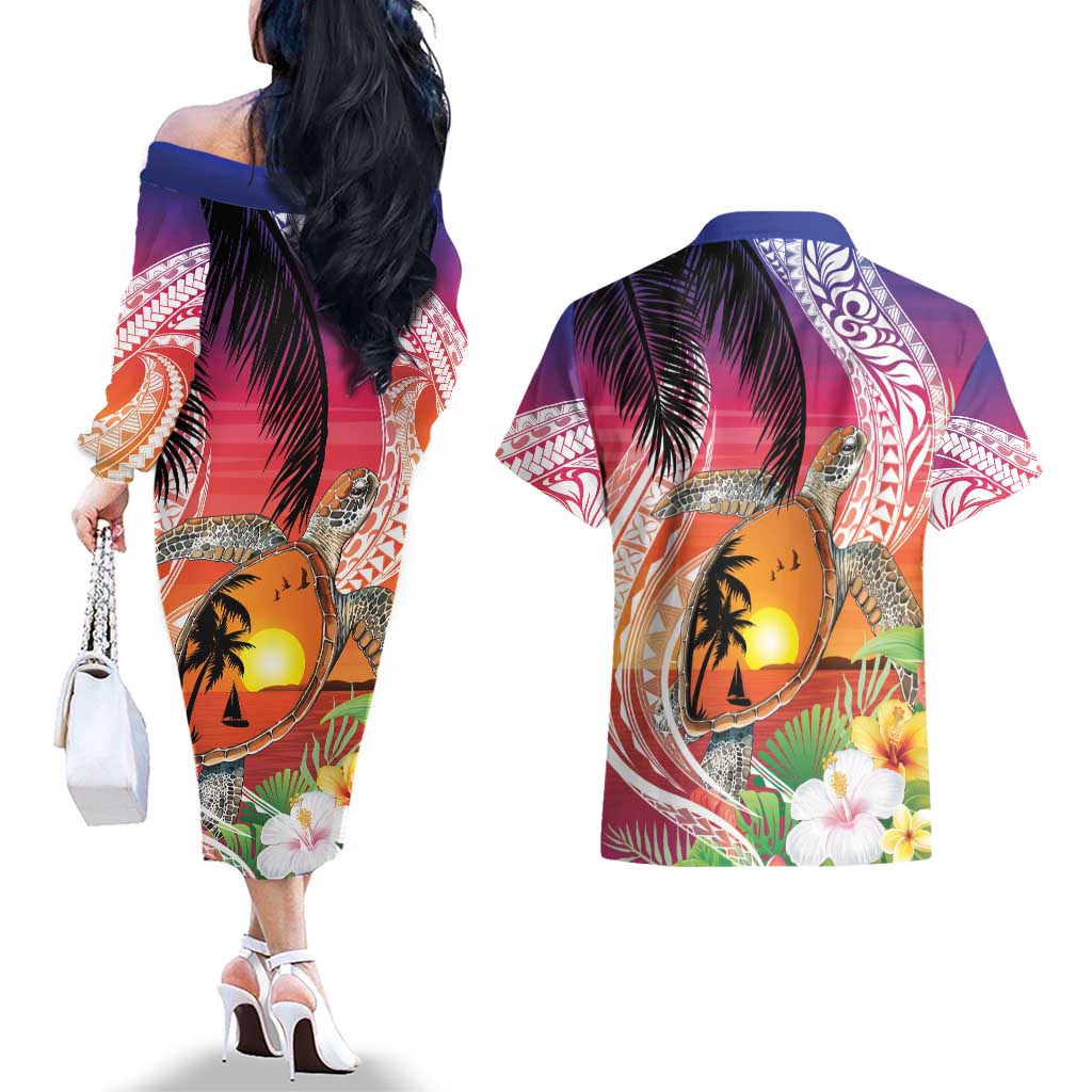 Polynesian Dreamy Turtle Couples Matching Off The Shoulder Long Sleeve Dress and Hawaiian Shirt Sunset Scenery