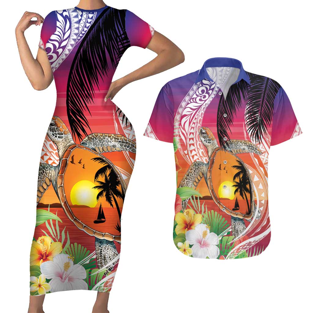 Polynesian Dreamy Turtle Couples Matching Short Sleeve Bodycon Dress and Hawaiian Shirt Sunset Scenery