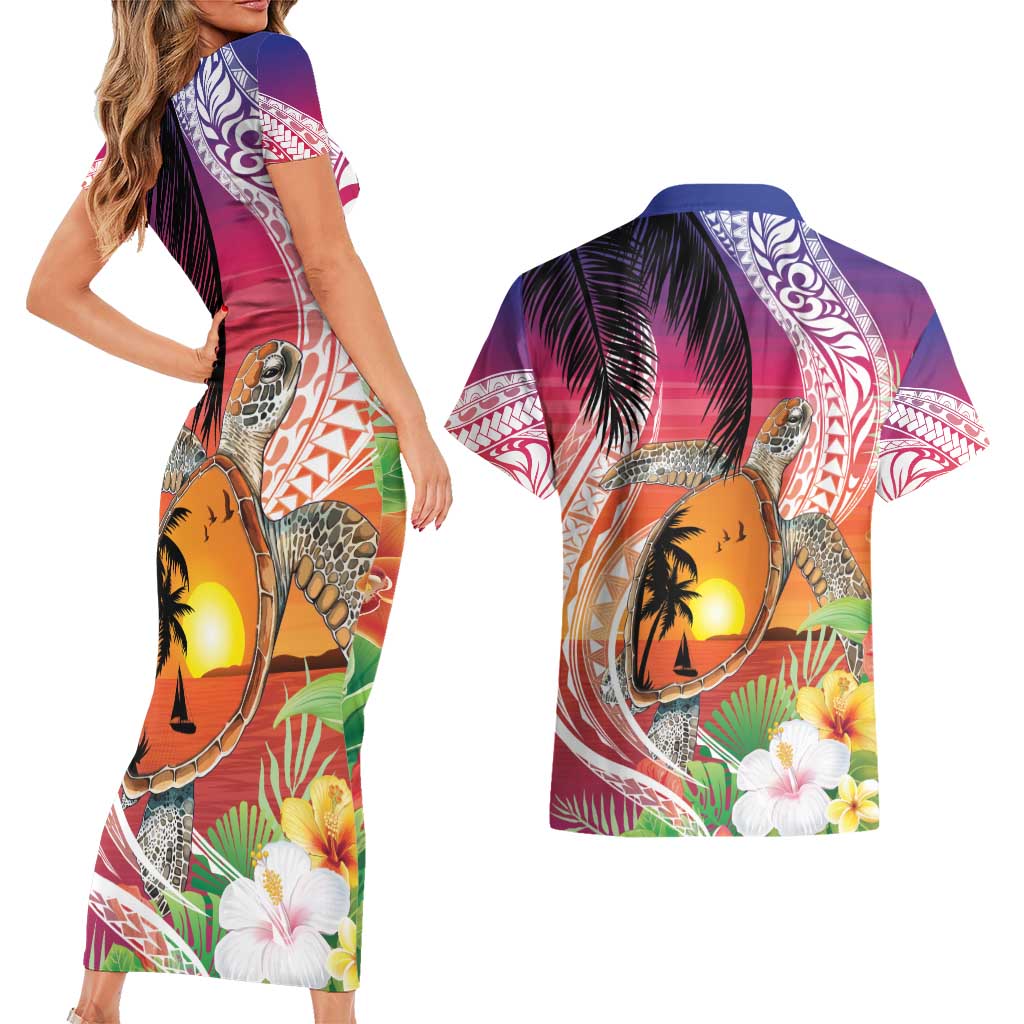 Polynesian Dreamy Turtle Couples Matching Short Sleeve Bodycon Dress and Hawaiian Shirt Sunset Scenery