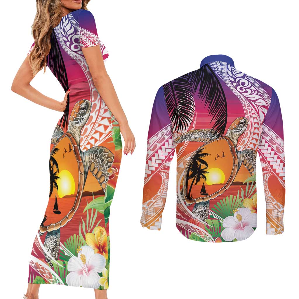 Polynesian Dreamy Turtle Couples Matching Short Sleeve Bodycon Dress and Long Sleeve Button Shirt Sunset Scenery