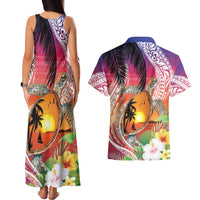 Polynesian Dreamy Turtle Couples Matching Tank Maxi Dress and Hawaiian Shirt Sunset Scenery