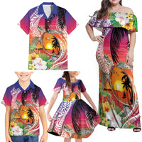 Polynesian Dreamy Turtle Family Matching Off Shoulder Maxi Dress and Hawaiian Shirt Sunset Scenery